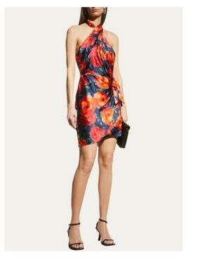cinq a sept halter mini dress in navy with red-orange floral